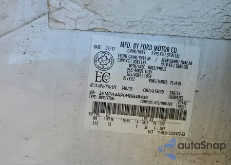 2017 Ford Edge Sport z USA, uszkodzony, nr VIN 2FMPK4AP0HBB48439